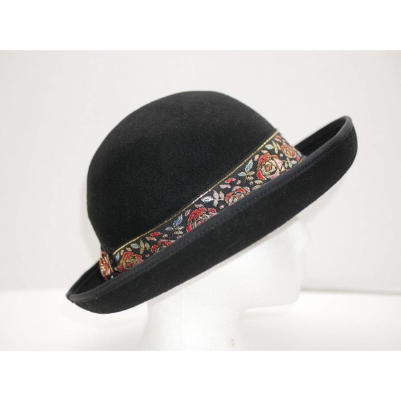 VTG Street Smart by Betmar Ladies Bowler Hat Black Floral 100% Wool Felt USA - Picture 1 of 13